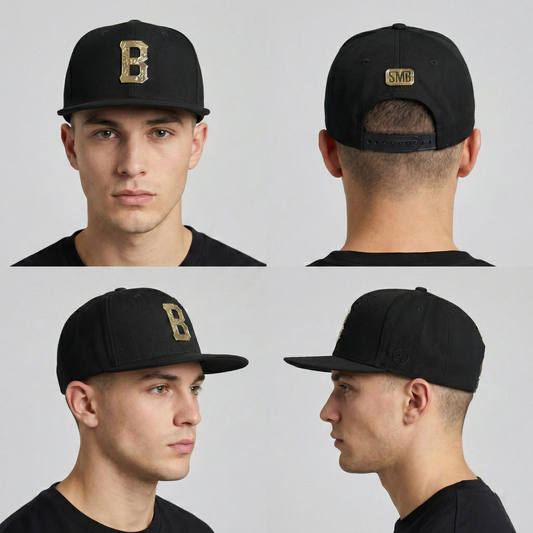 Super Massive Bound Black Snapback Thrifted Hat - Gold Metallic "B" Logo Cap (56-59cm)