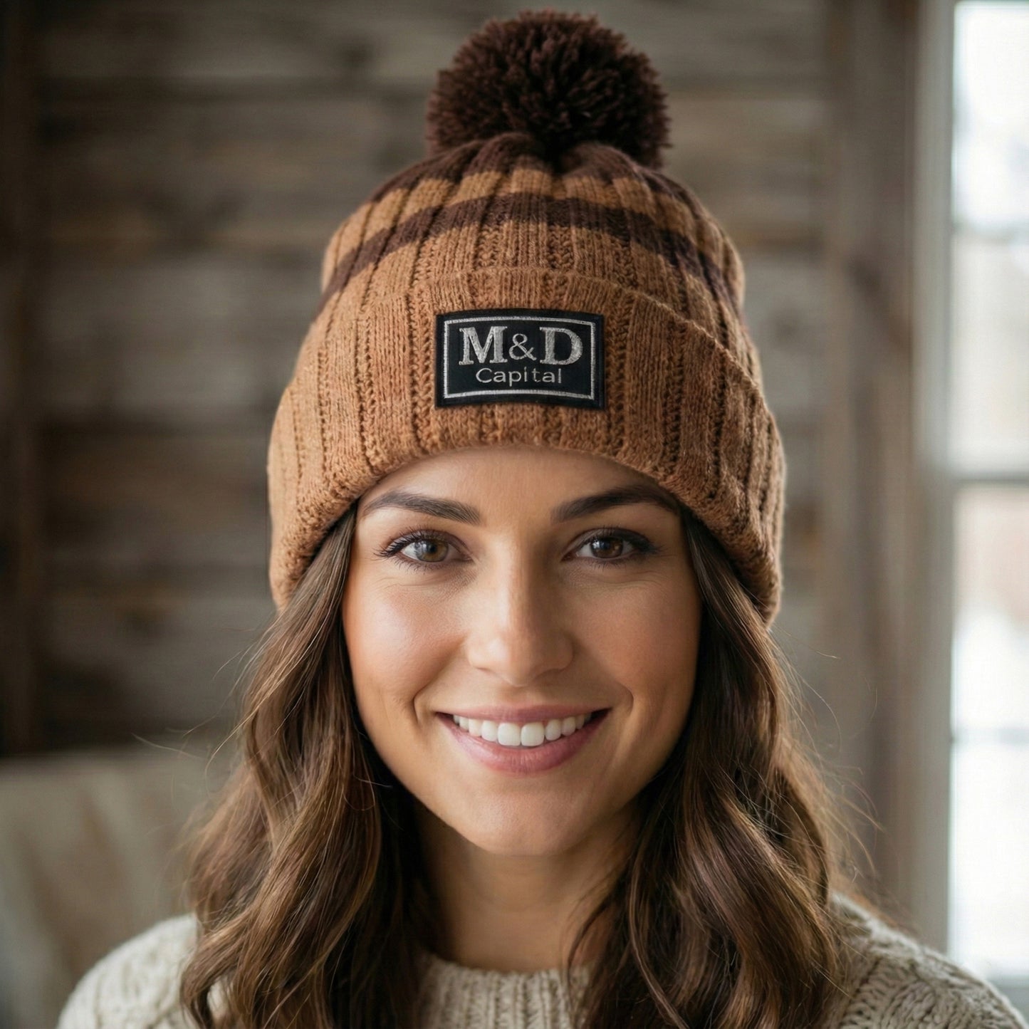 Soft Chenille "Elf Style" Beanie – Brown Striped Long-Tail Pom Hat