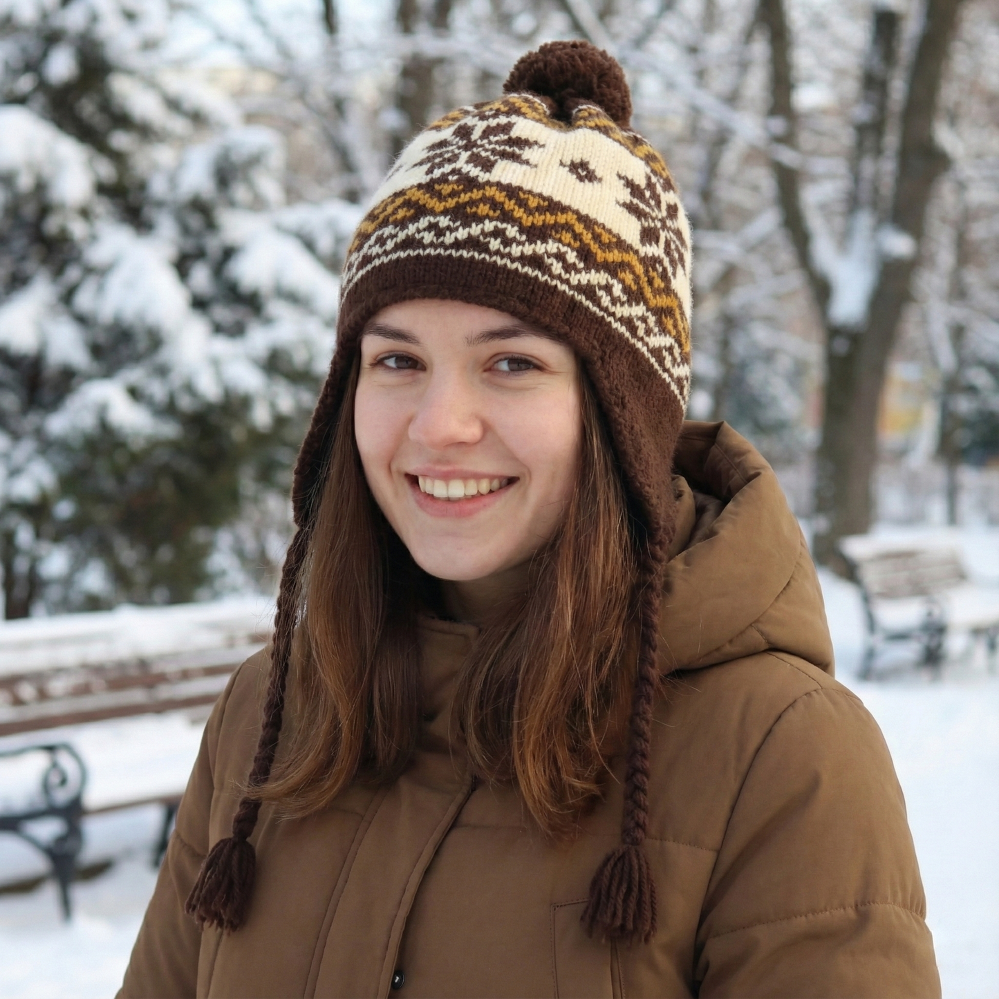 Unionbay Fair Isle Knit Earflap Beanie with Pom Pom - Brown & Mustard