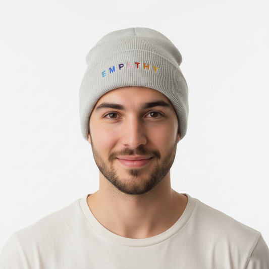 Men's Grey Winter Thrifted Cap - "Empathy" Text Design (Positive Vibe)