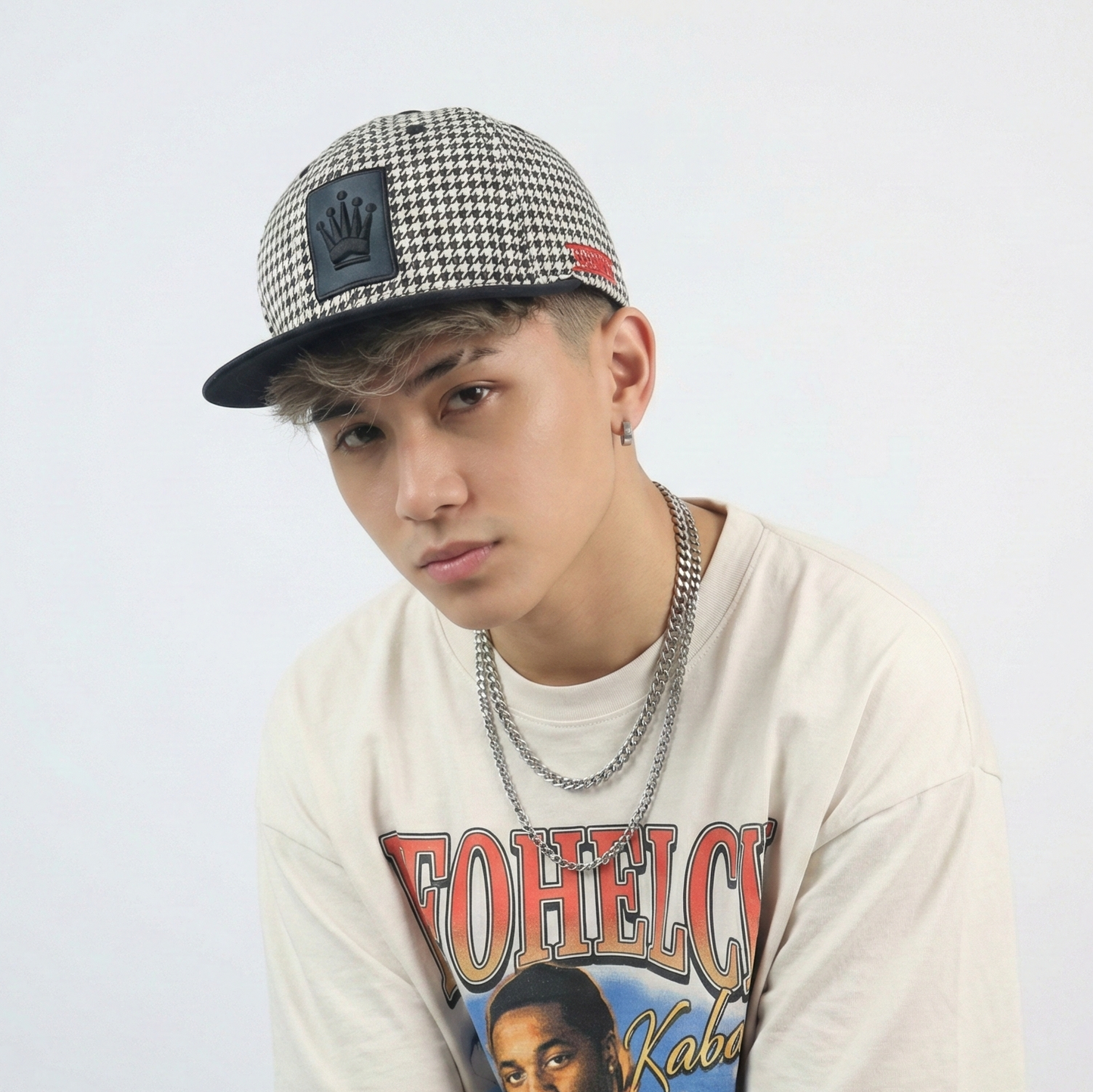 Vintage Olympos Houndstooth Snapback Thrifted Hat - Black & White Crown Cap