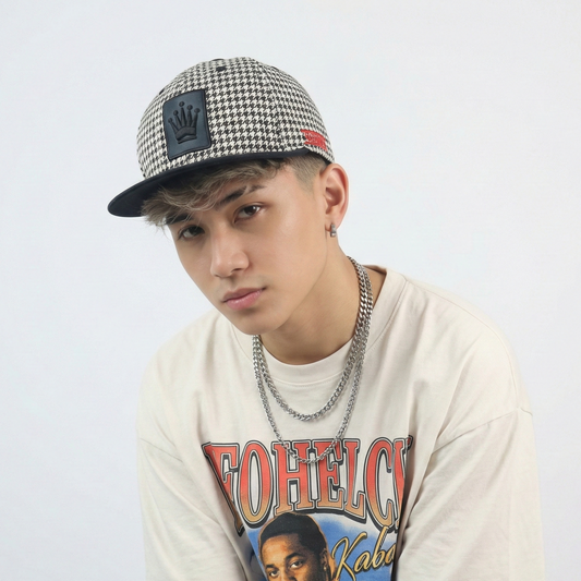 Vintage Olympos Houndstooth Snapback Thrifted Hat - Black & White Crown Cap