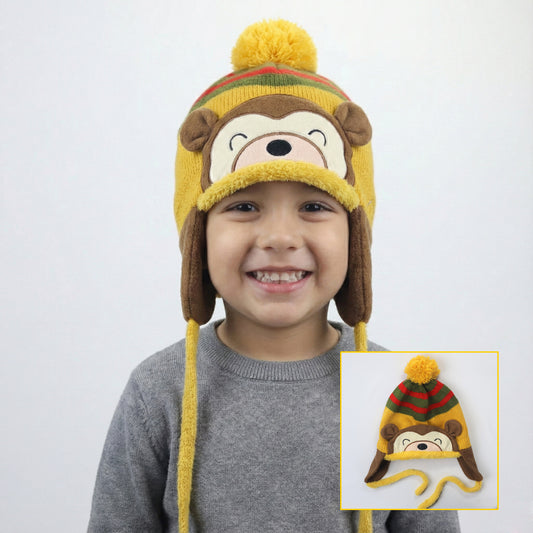 Malvina Fashion Baby Winter Warm Cap Hat Cartoon Monkey Striped Ball Ear Caps (Yellow)