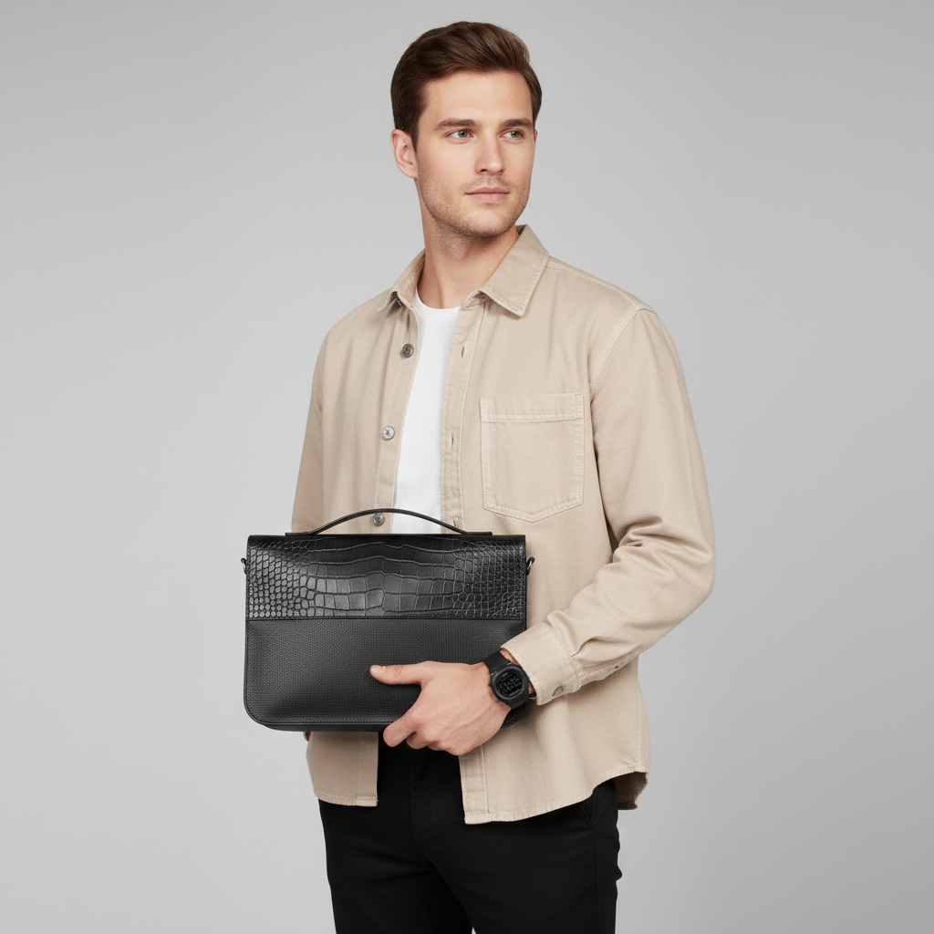 Premium Jonak Paris Leather Portfolio Clutch with Croc Detail -Thrifted