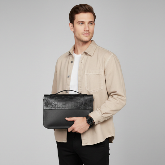 Premium Jonak Paris Leather Portfolio Clutch with Croc Detail -Thrifted