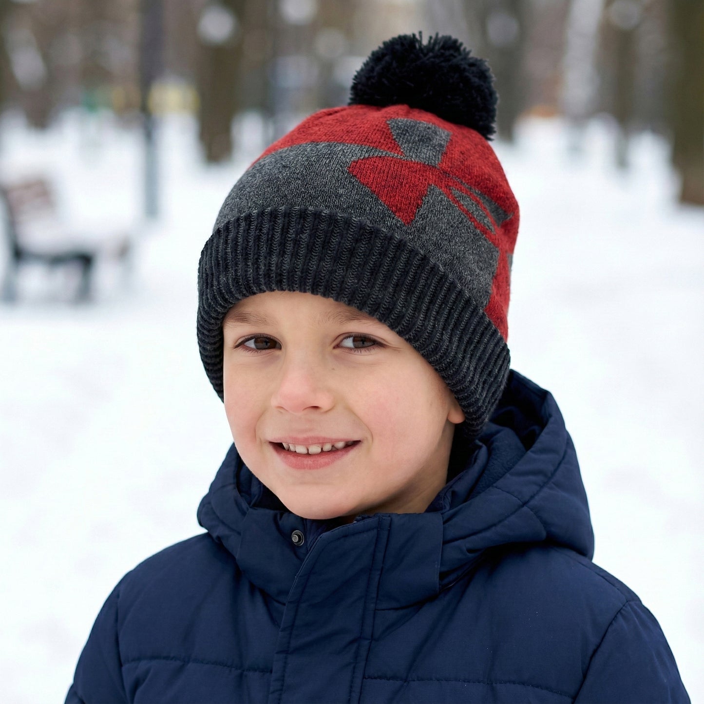 Under Armour Kids Pom Beanie | Red & Grey Winter Hat with Big Logo | Youth Size