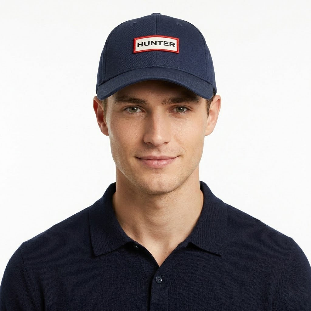 Hunter Red Box Logo Classic Curved Brim Hat - Navy Blue Thrifted Cap