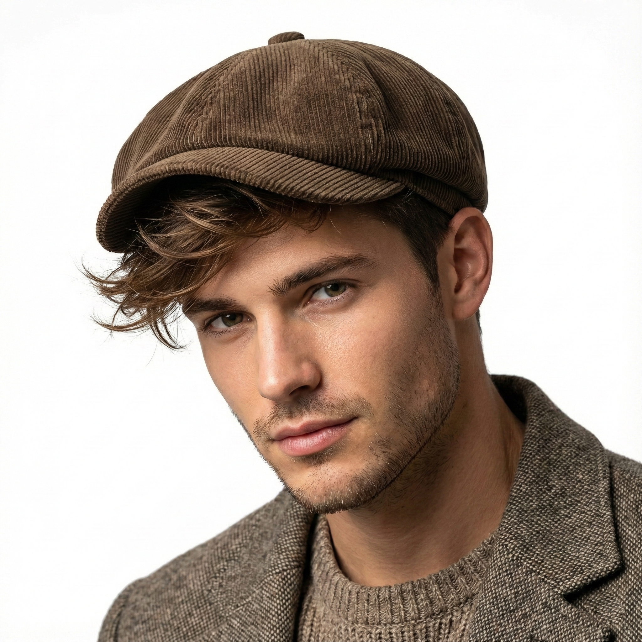 Reserved Brown Corduroy Newsboy Thrifted Cap with Gold Metallic Pinstripes - Size Adult