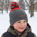 Kids Fleece Lined Winter Beanie | "Adventure Gear" Warm Pom Pom Hat | Grey & Red
