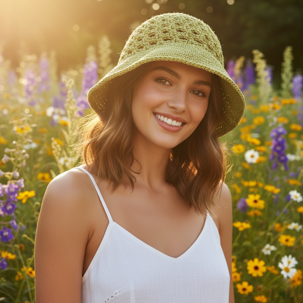 Breathable Crochet Sun Hat | Vintage-Style Sage Green