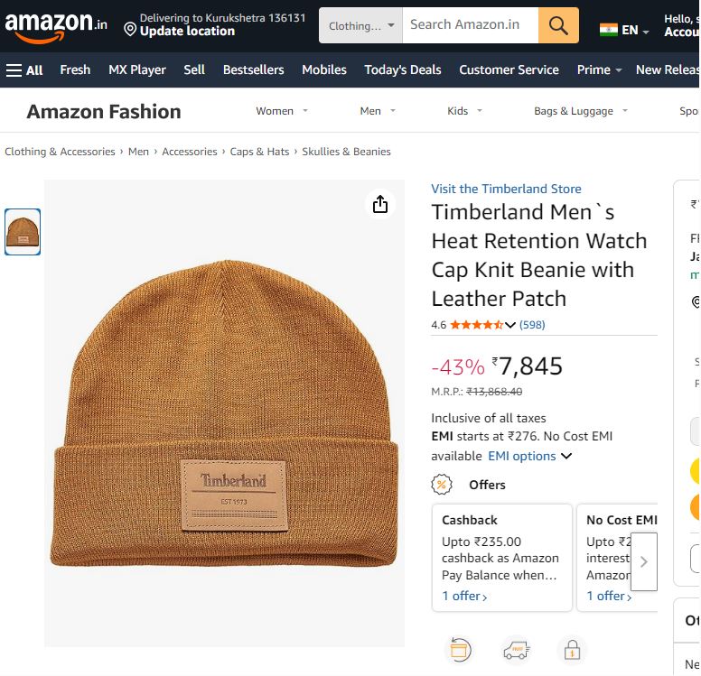 Timberland Men`s Heat Retention Watch Cap Knit Thrifted Beanie with Leather Patch