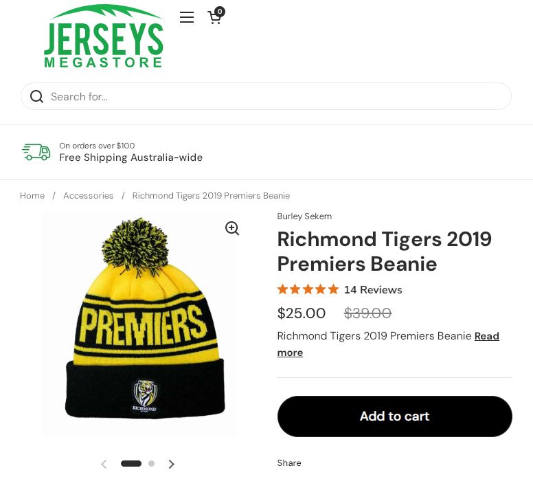 Richmond Tigers AFL Premiers Thrifted Pom Beanie | Adult Winter Knit Cap