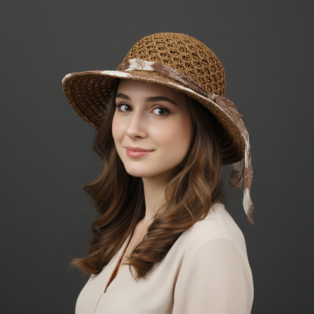 Vintage Boater Style Woven Straw Thrifted Sun Hat – Floral Organza Ribbon