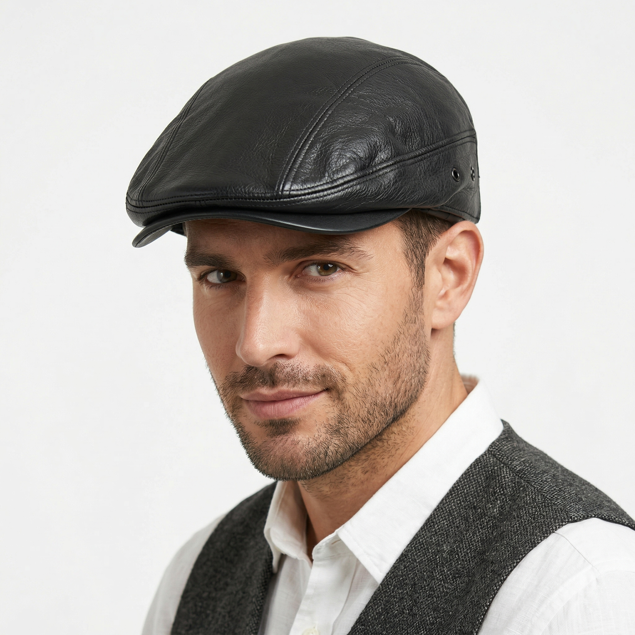 Bear-S Premium Black Genuine Leather Flat Cap - Vintage Ivy Hat