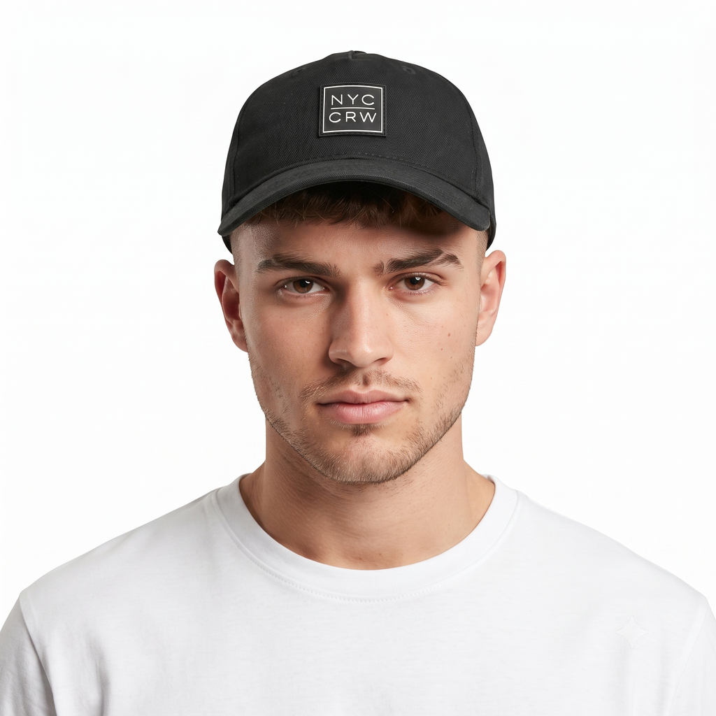 Thrifted Black NYC CRW Baseball Cap | Rubber Patch Streetwear Snapback