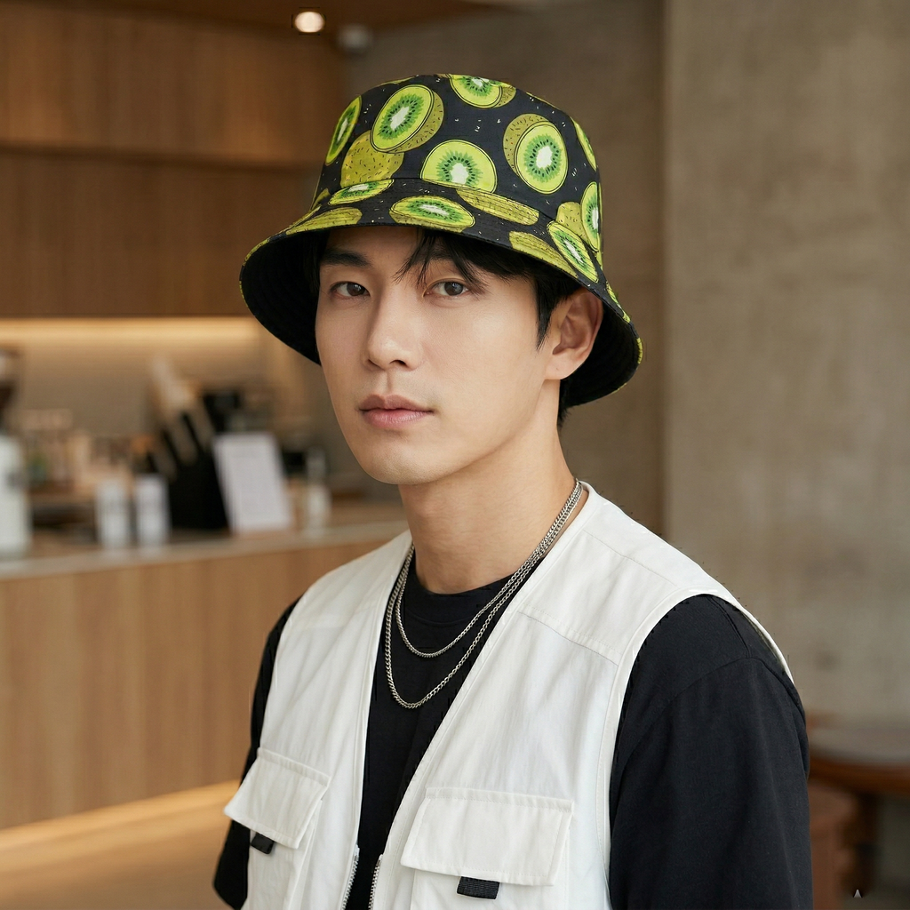 Reversible Kiwi Fruit Bucket Thrifted Hat | Black & Green Summer Sun Cap