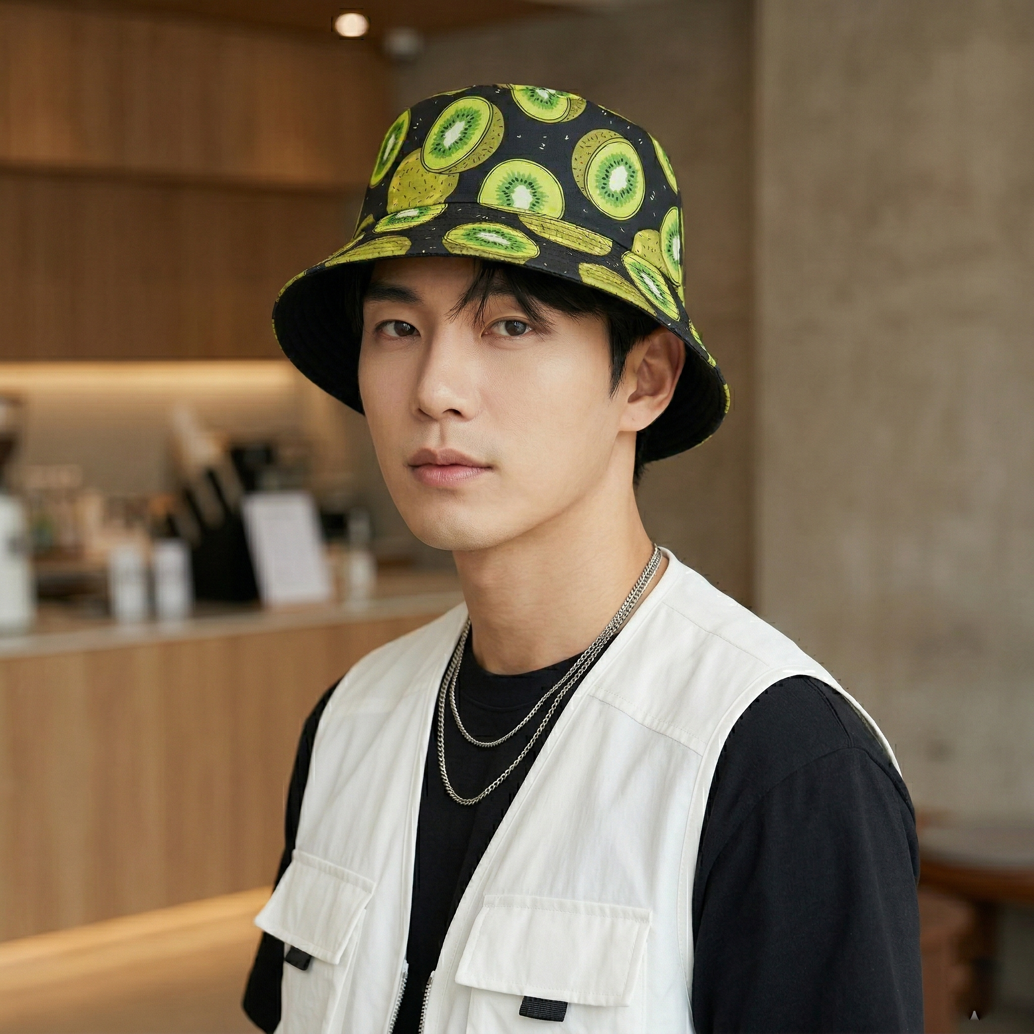 Reversible Kiwi Fruit Bucket Thrifted Hat | Black & Green Summer Sun Cap