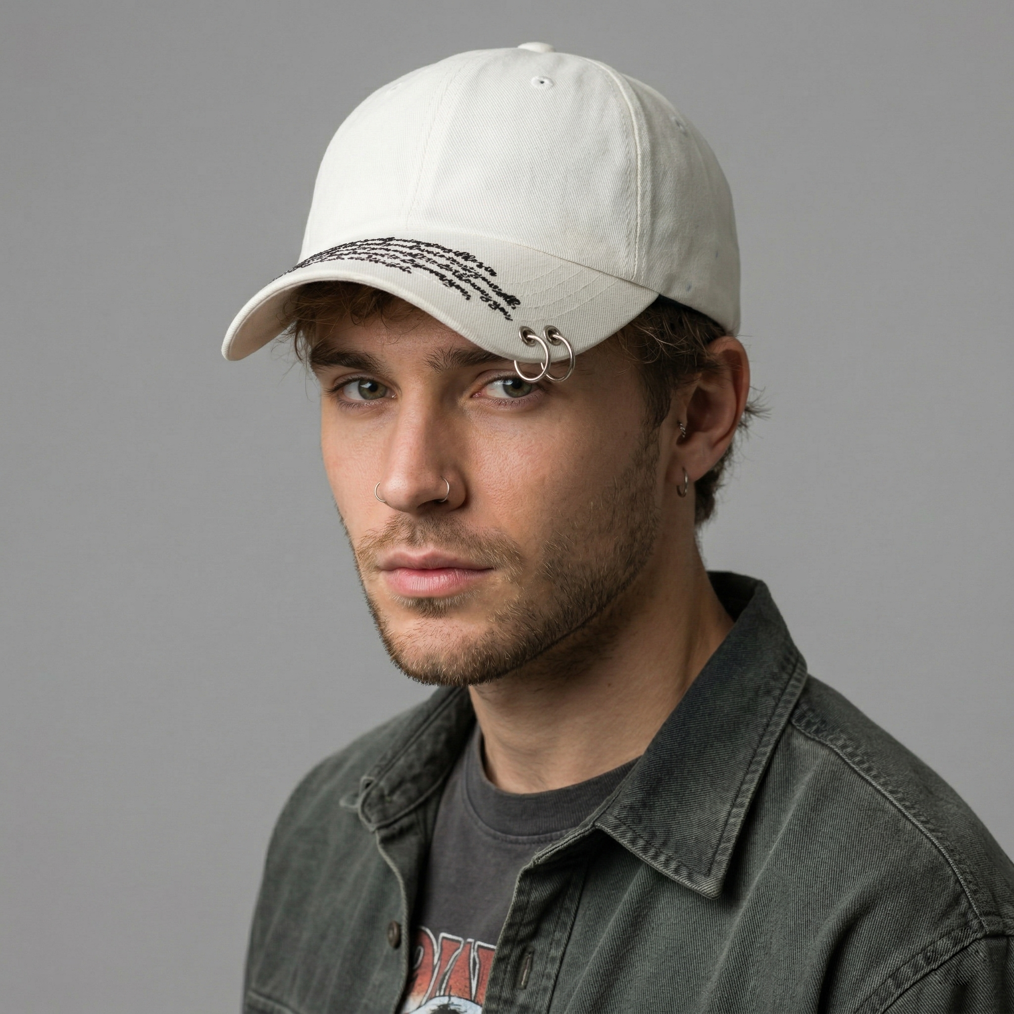 White Piercing Hoop Dad Hat - K-Pop Style Script Embroidered Cap