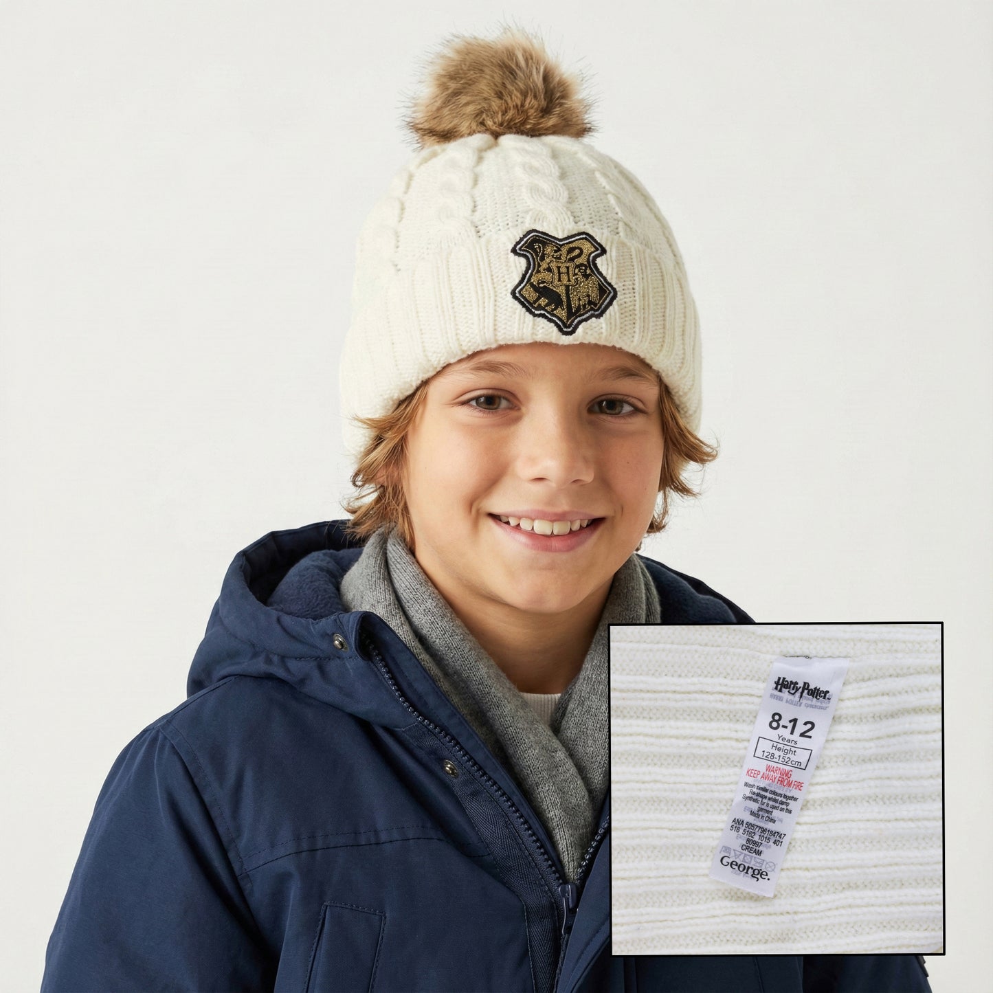 Harry Potter Junior White Knit Pom Thrifted  Beanie - Hogwarts Winter Hat (Ages 8-12)