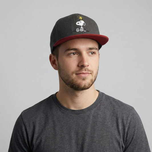 Vintage Peanuts Snoopy & Woodstock Snapback Thrifted Hat - Grey & Red Two-Tone