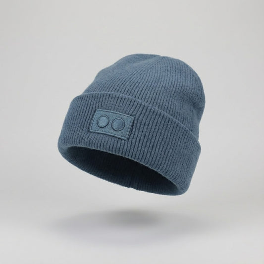 Seasons Soft Viscose Blend Blue Thrifted Beanie - Tonal Patch Winter Hat