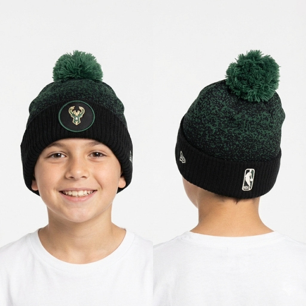 New Era Youth Winter Beanie - Black Green shade Knit Hat (Kids Size)