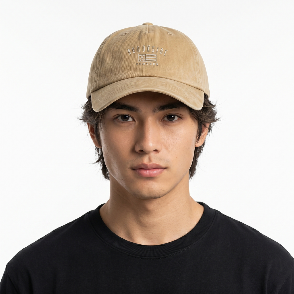 Brookside NY Beige Embroidered Cap | Thrifted Minimalist Skate Hat 57-59cm