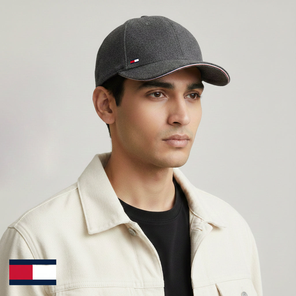 Vintage Tommy Hilfiger Charcoal Grey woolen Dad Thrifted Hat - Embroidered Flag Logo