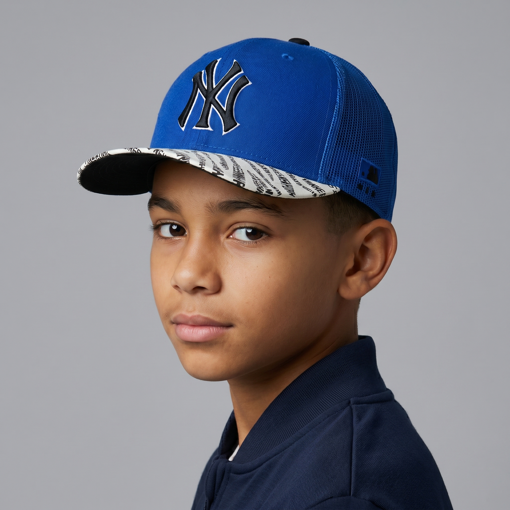 MLB New York Yankees Blue Trucker Thrifted Hat - Script Print Brim Snapback