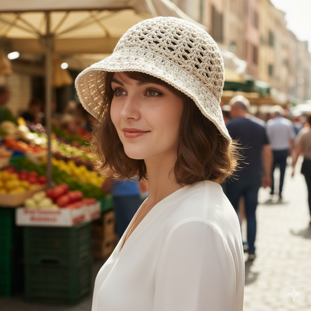 Hand-Woven Style Crochet Bucket Hat - Ecru/Beige (One Size)