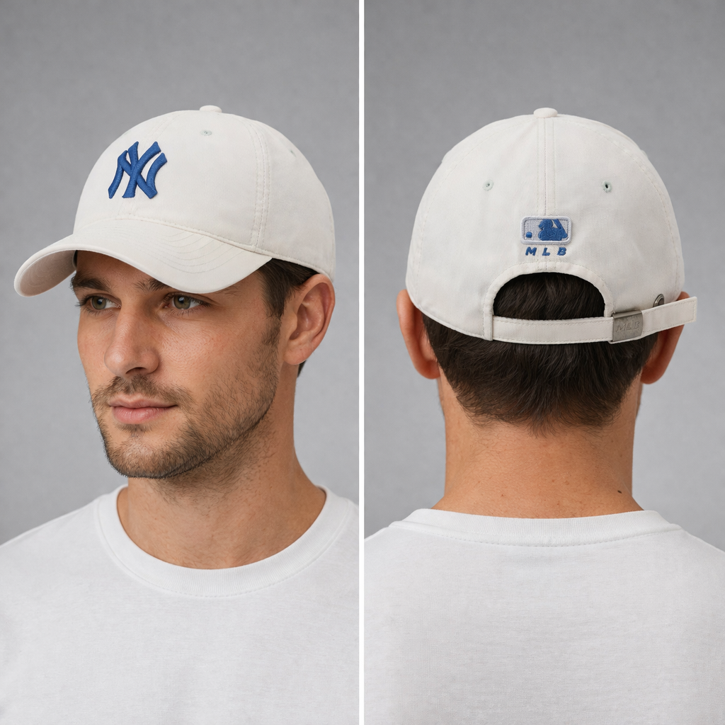 MLB New York Yankees Curved Brim Thrifted Cap - Off-White/Blue