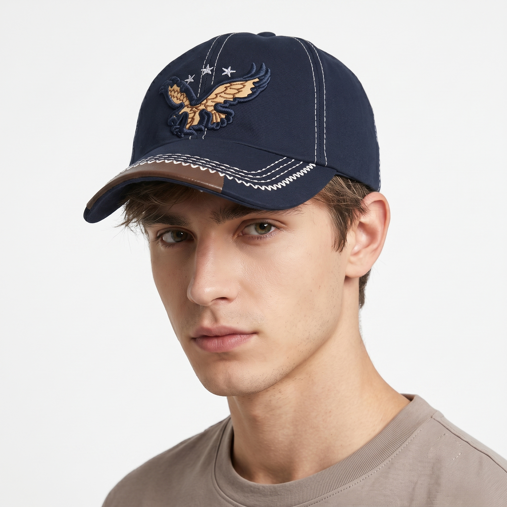 Vintage Eagle & Stars Navy Cotton Dad Hat - Faux Leather Brim Accent