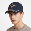 Vintage Eagle & Stars Navy Cotton Dad Hat - Faux Leather Brim Accent