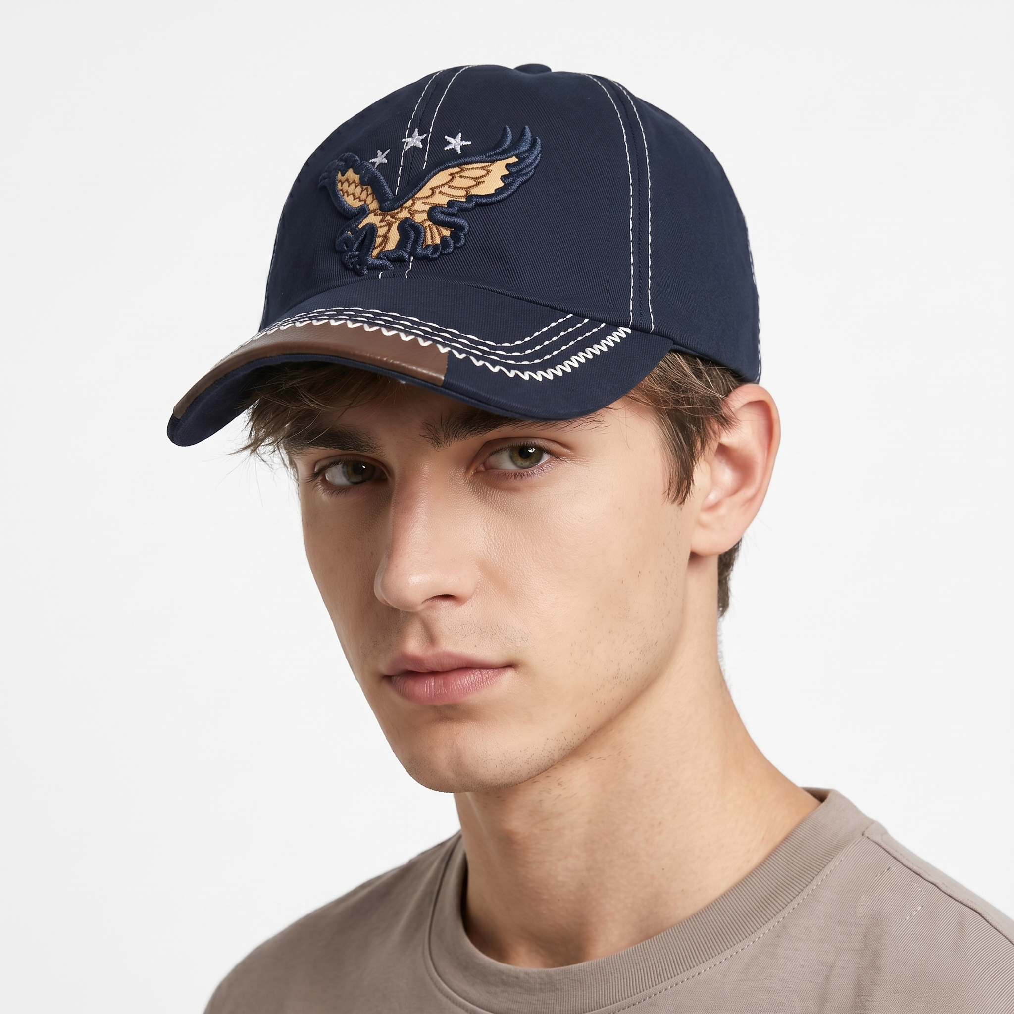 Vintage Eagle & Stars Navy Cotton Dad Hat - Faux Leather Brim Accent