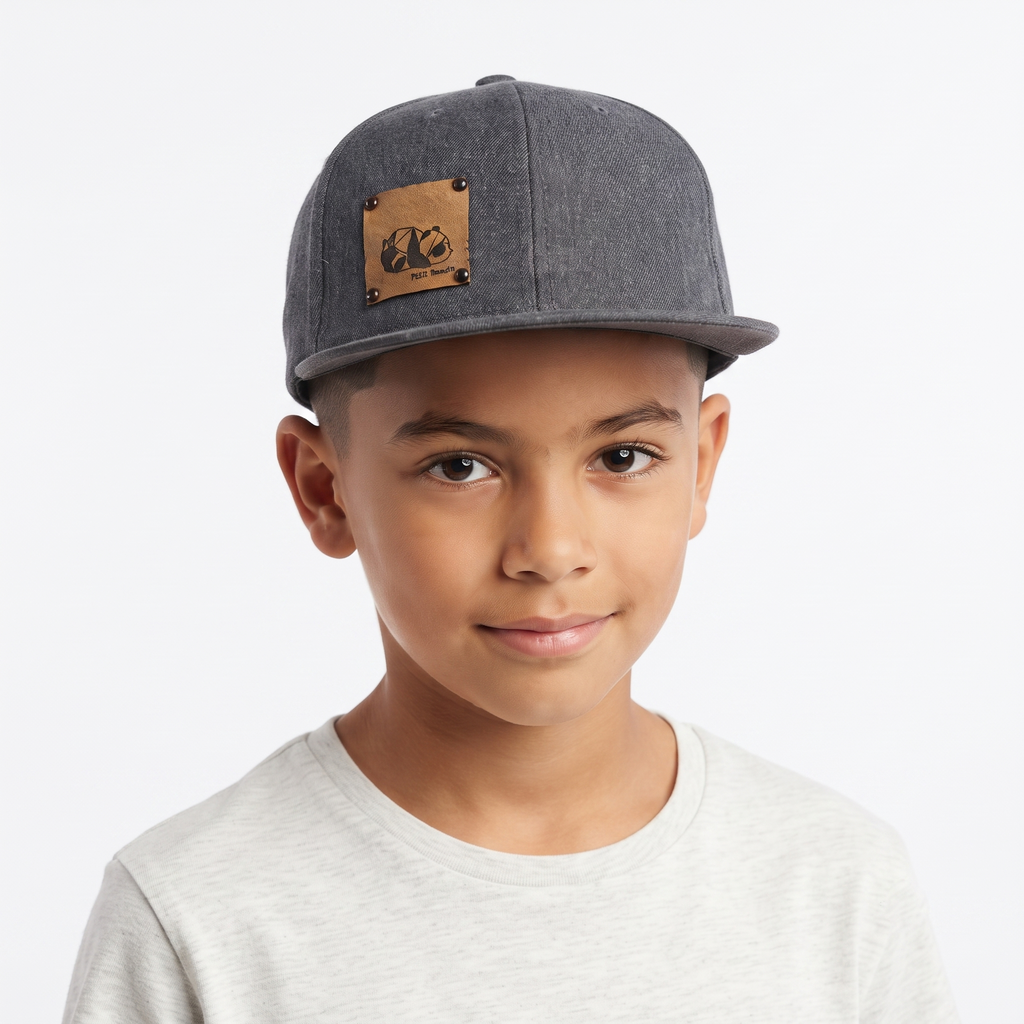 Vintage Petit Panda Faux Leather Patch Charcoal Grey Snapback Hat | Yupoong Flat Brim Cap