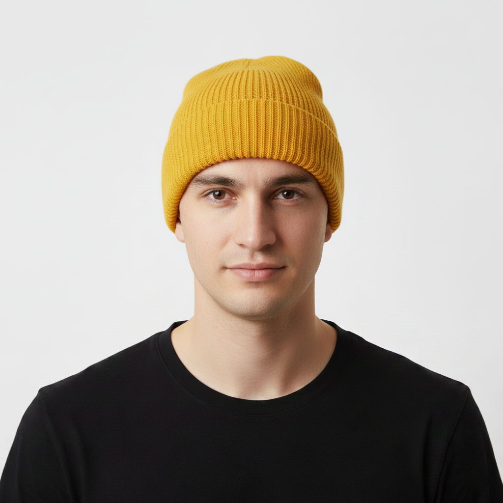 Mustard Yellow Solid Fisherman Thrifted Beanie – Minimalist Streetwear Winter Cap