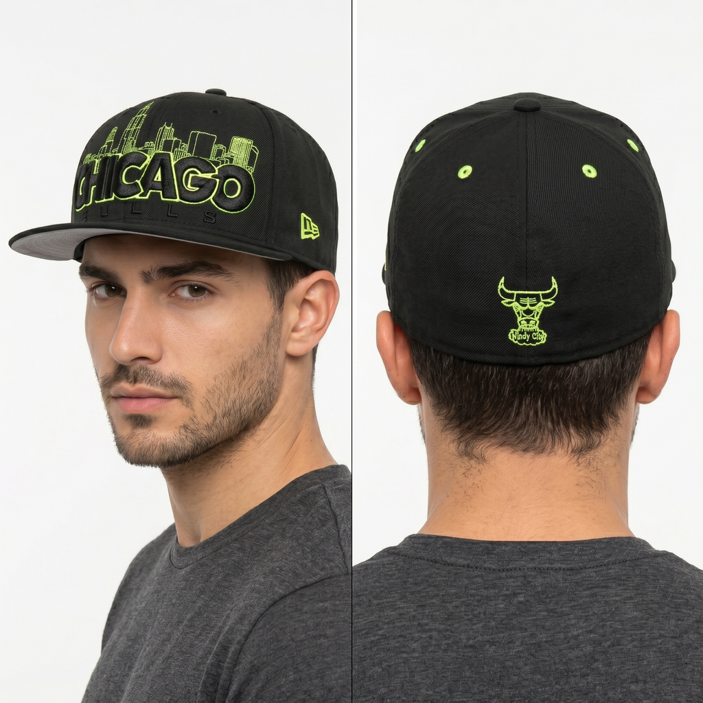 Chicago Bulls New Era Windy City Skyline Fitted Cap - Neon Lime Green - Size 7 3/8