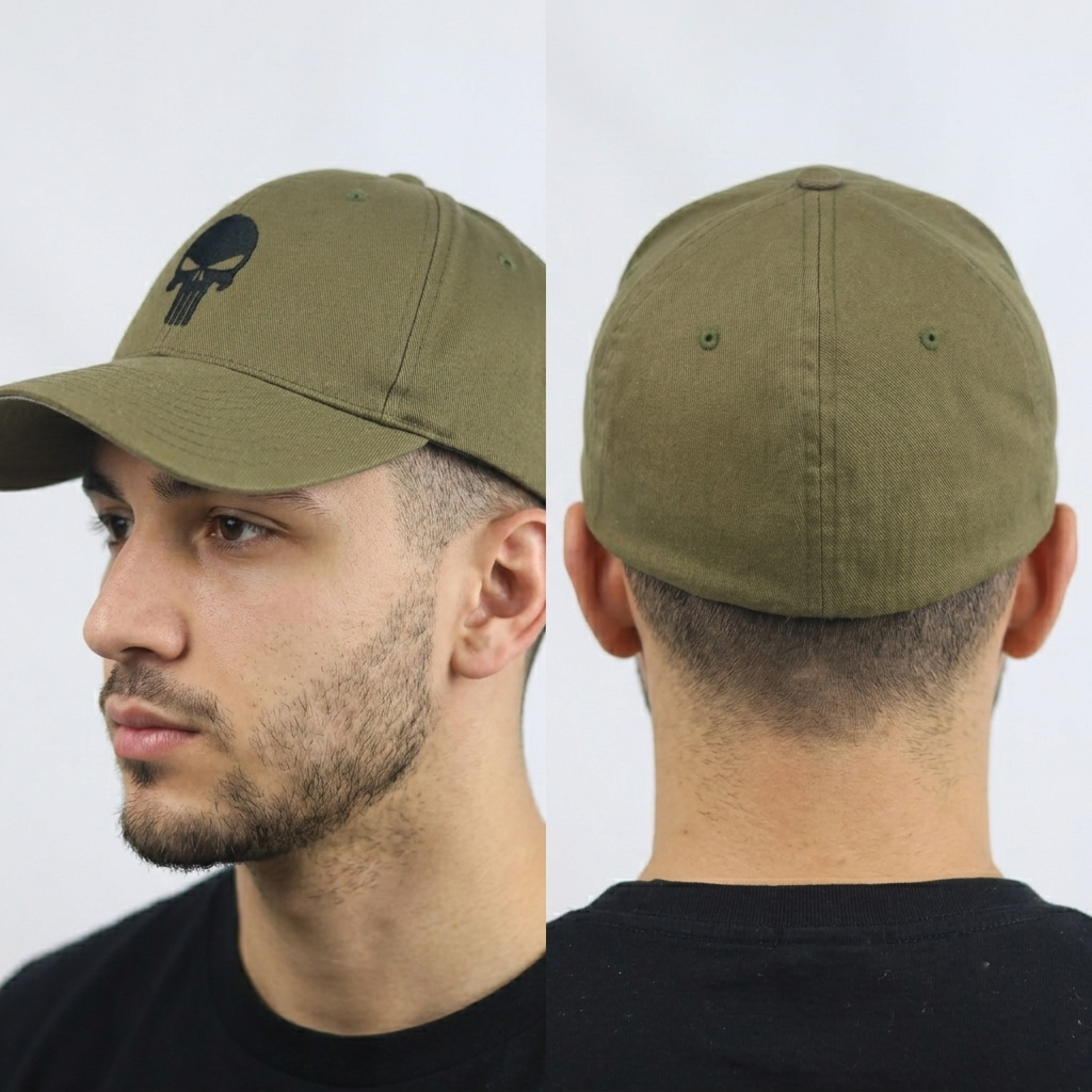 Thrifted Flexfit Yupoong Olive Tactical Punisher Skull Cap | 10800