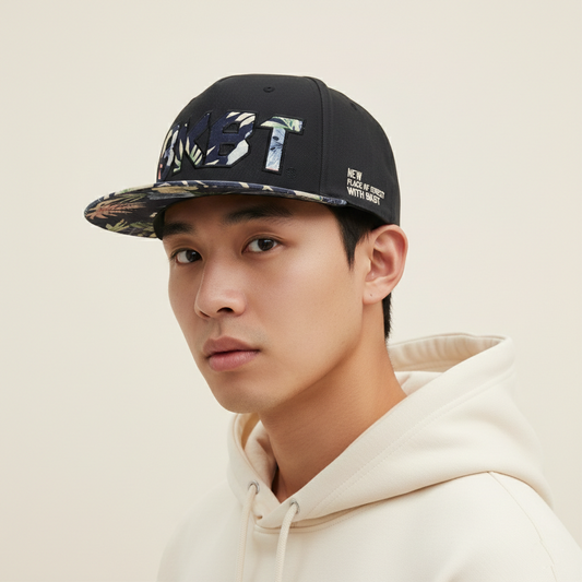 BKBT Embroidered Thrifted Snapback - Black & Tropical Print Flat Brim