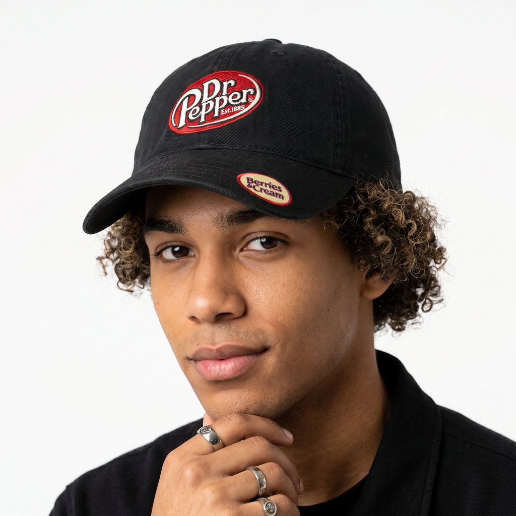 Thrifted Dr Pepper Berries & Cream Black Dad Hat | Embroidered Promo Cap