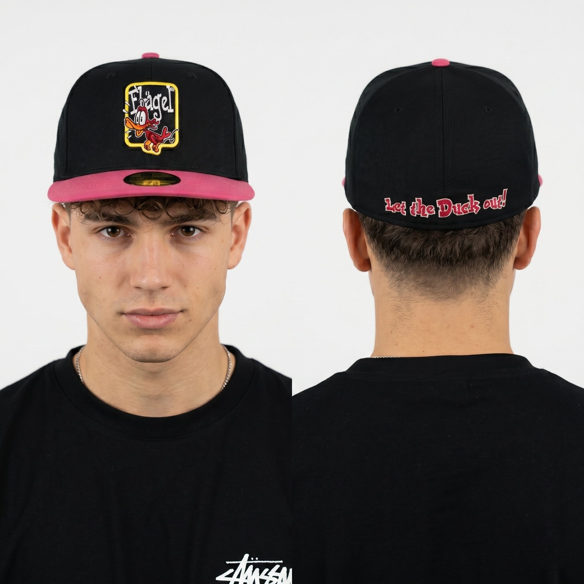Vintage Flügel Black & Pink Embroidered Duck Logo Flat Brim Hat