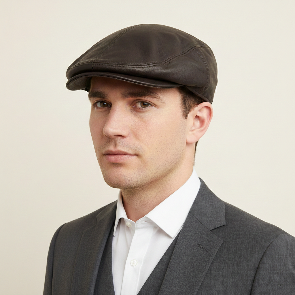 Vintage Genuine Leather Thrifted Flat Cap - Dark Brown Ivy Hat