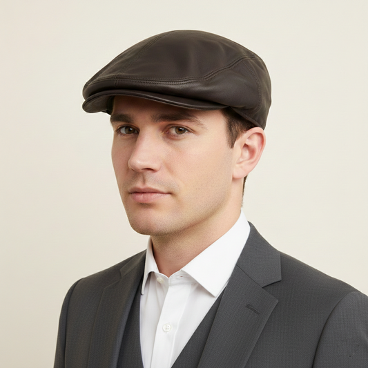 Vintage Genuine Leather Thrifted Flat Cap - Dark Brown Ivy Hat