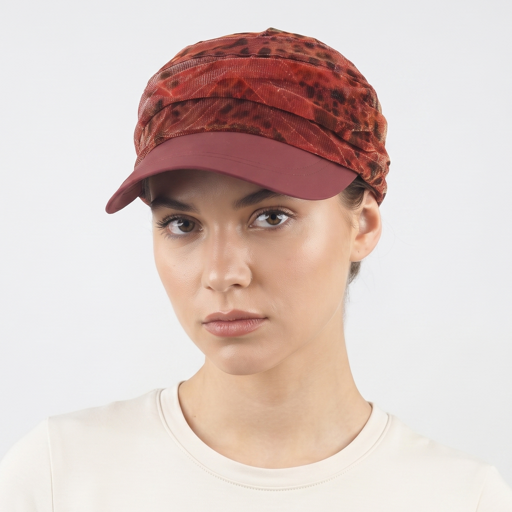 Retro Shimmering Animal Print Visor Cap - Burgundy Maroon Tie Back Hat