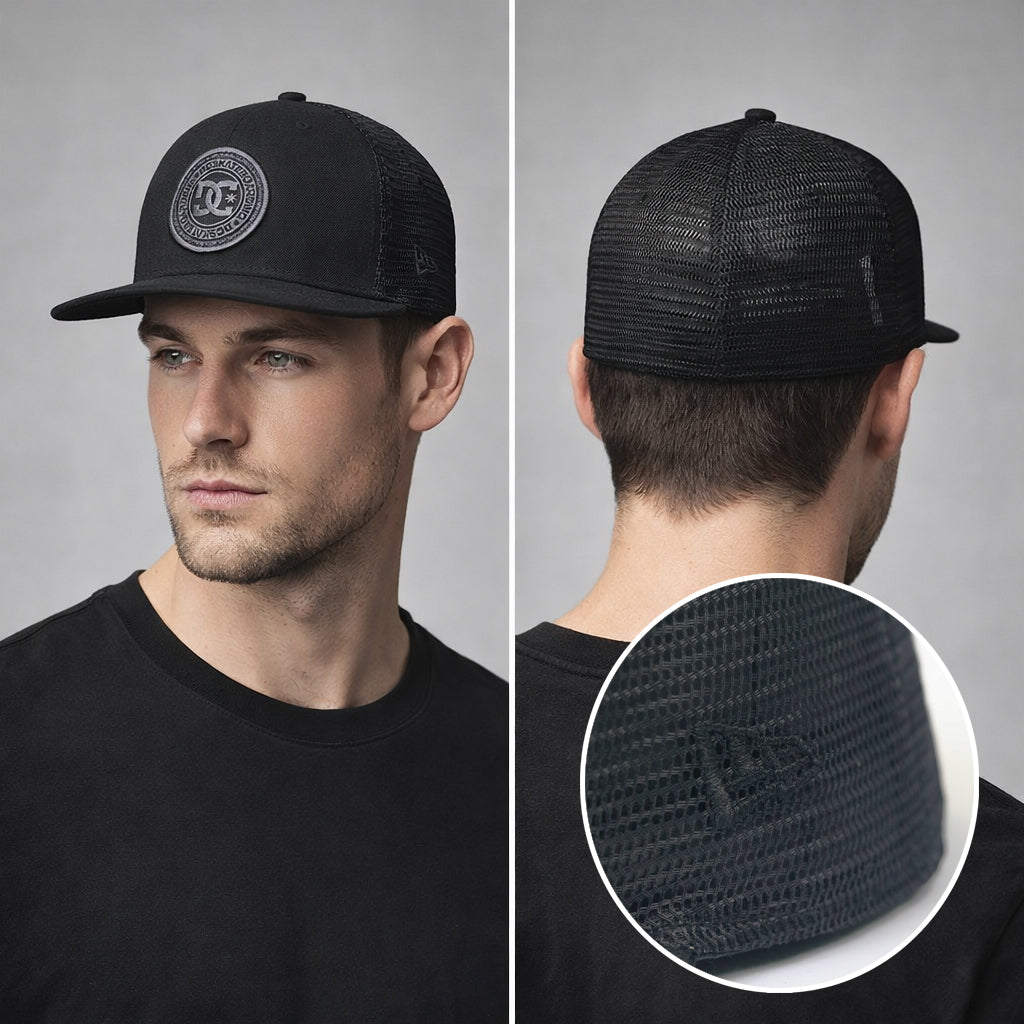 DC Shoes x New Era 59FIFTY Fitted Trucker Thrifted Hat - Black Skateboard Cap