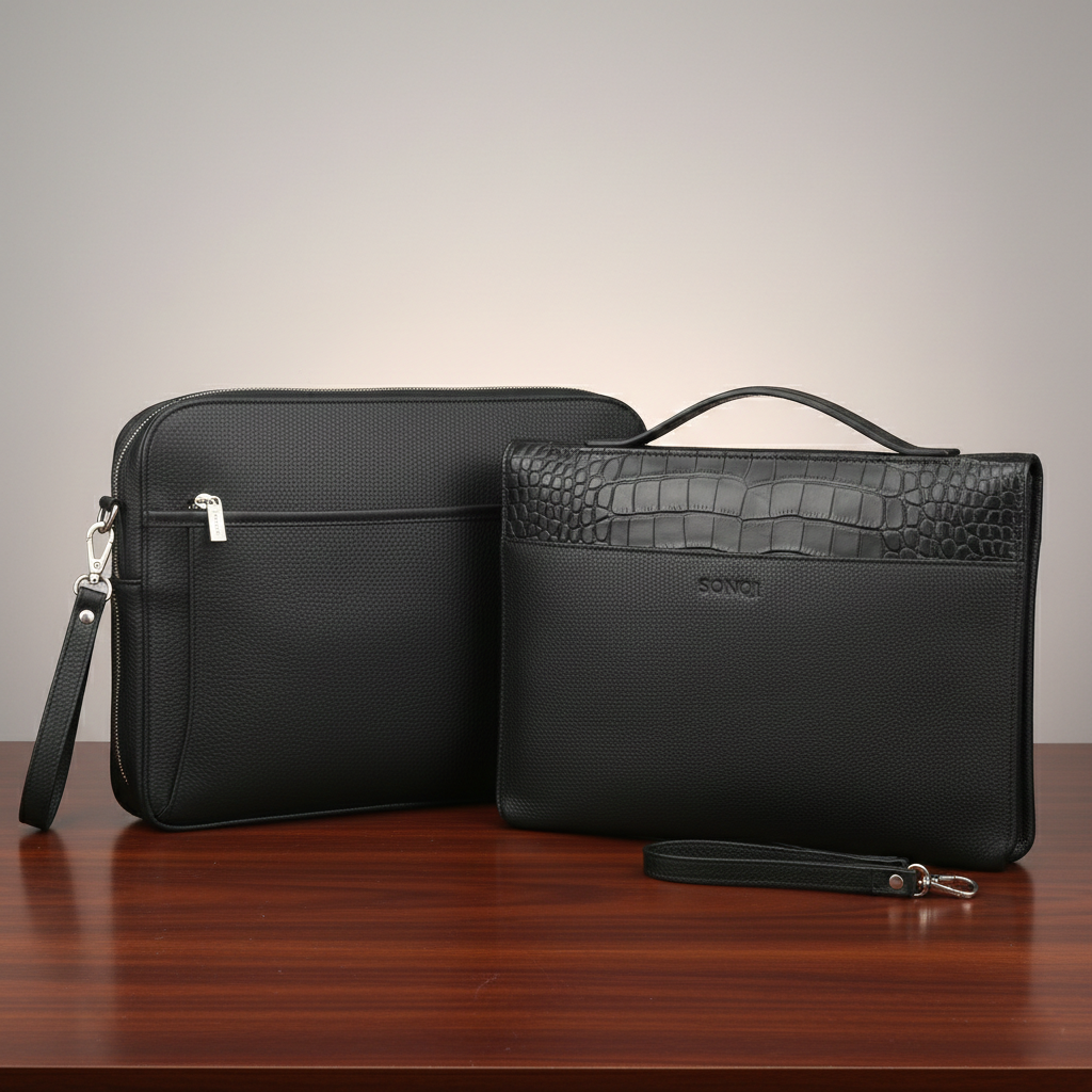 Premium Jonak Paris Leather Portfolio Clutch with Croc Detail -Thrifted