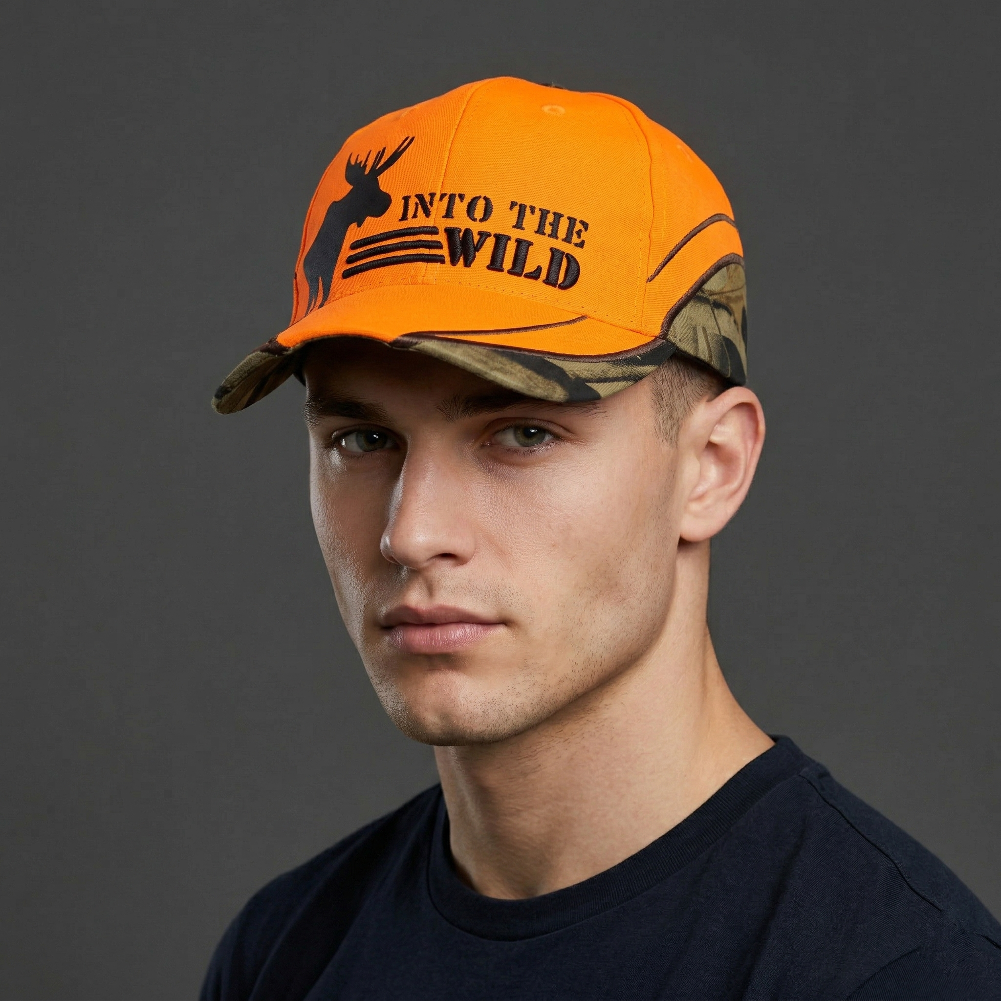 Neon Blaze Orange "Into The Wild" Camo Trim Hunting Cap