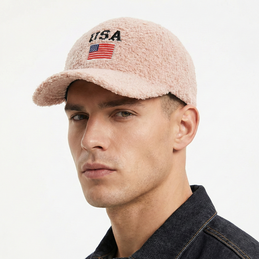 Vintage USA Flag Embroidered Sherpa Fleece Baseball Thrifted Cap – Beige