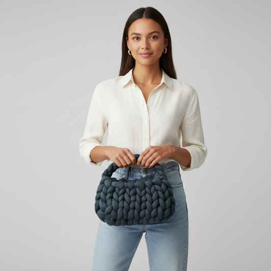 Handmade Dark Grey Chunky Yarn Bag | Soft Braided Top Handle