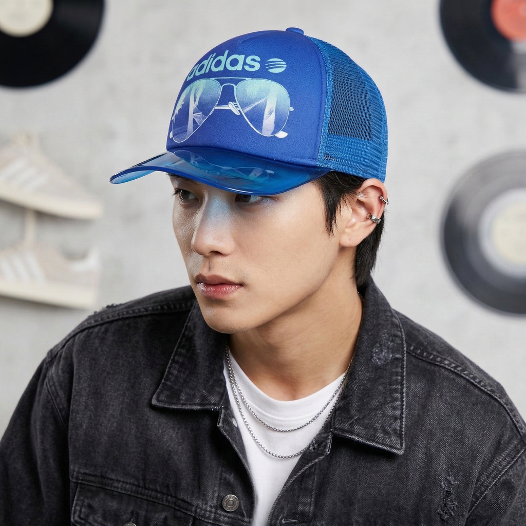 Unisex Adidas Neo Blue Thrifted Trucker Hat with Transparent Visor